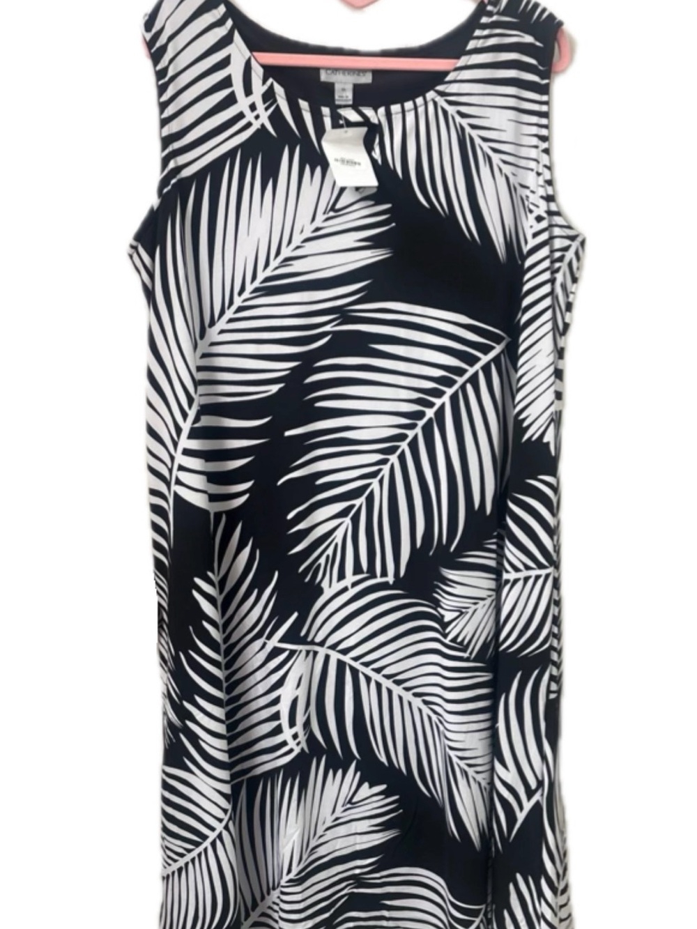 Catherines Black and White Palm-Print Sleeveless Shift Dress
